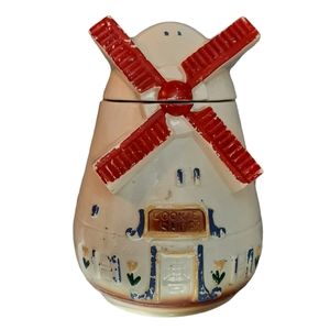 Vintage Yelloware Windmill Cookie Shop Figural Cookie Jar ~FAP Co~Red